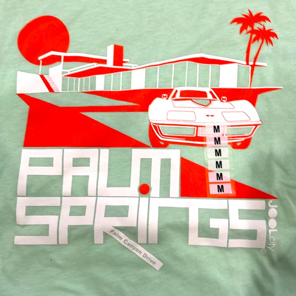 T shirt•PALM SPRINGS theme•Size M•Next Level Apparel•NWT•Lt mint w/corvette logo